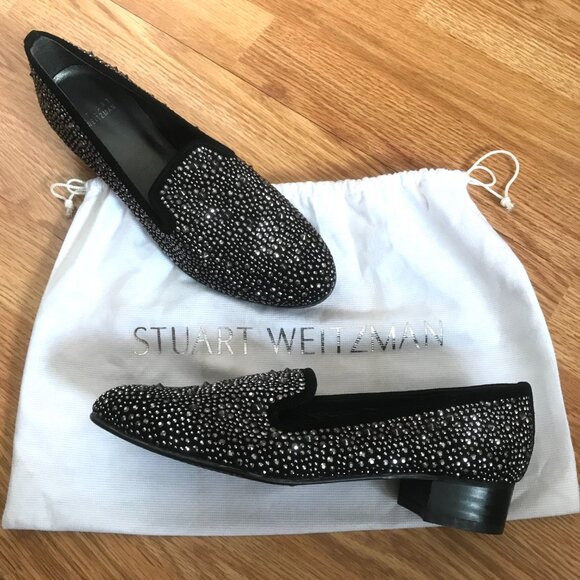 Stuart Weitzman Slipbeads Black Suede Studded Sparkly Rhinestone Loafers 8